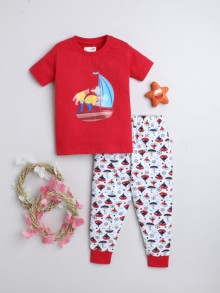 BUMZEE Red & White Boys Half Sleeves T-Shirt & Pyjama Set