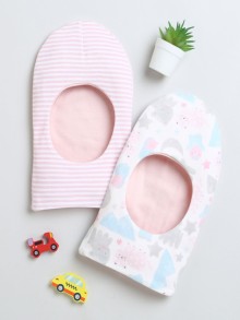 BUMZEE Baby Pink & White Girls Cotton Reversible Monkey Cap Pack Of 2