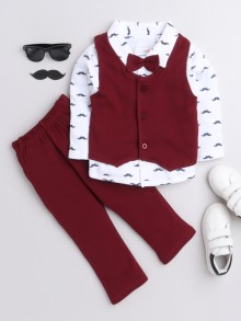 BUMZEE Maroon & White Boys Full Sleeves Shirt Waistcoat & Pant Set With Applique Bow