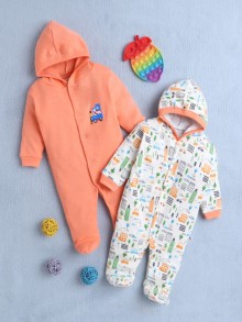 BUMZEE Orange & Cream Baby Boys Full Sleeves Sleepsuit With Hood Pack Of 2