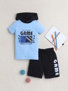 BUMZEE Sky Blue & Black Boys Half Sleeves T-Shirt & Short Set