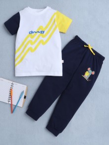 BUMZEE White & Navy Boys Half Sleeves T-Shirt & Pyjama Set