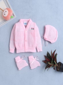 BUMZEE Pink Baby Girls Full Sleeves Acrylic Blend Sweater With Cap & Socks