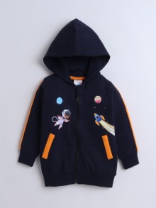 BUMZEE Navy Boys Full Sleeves Cotton Hooded Zipper Sweatshirt