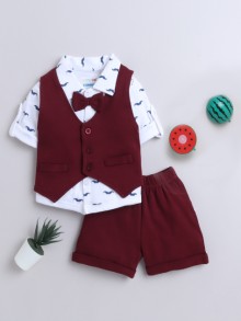 BUMZEE Maroon & White Boys Full Sleeves Shirt Waistcoat & Short Set With Applique Bow