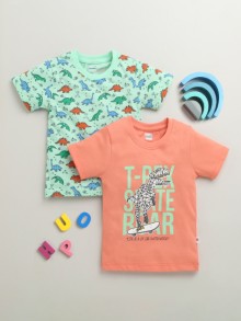 BUMZEE Coral & Mint Green Boys Half Sleeves Cotton T-Shirts Pack Of 2