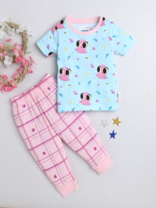 BUMZEE Sky Blue & Pink Girls Half Sleeves T-Shirt & Pyjama Set