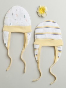 BUMZEE Yellow & Cream Baby Boys Ear Flap Tying Cap Pack Of 2