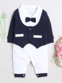 BUMZEE White & Navy Boys Full Sleeves Formal Trendy Sleepsuit