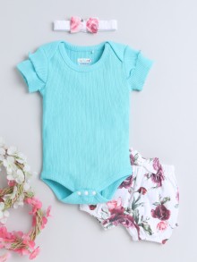 BUMZEE Turquoise Blue & White Girls Half Sleeves Bodysuit & Short Set With Headband