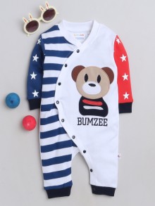 BUMZEE White & Blue Boys Full Sleeves Fashion Trendy Sleepsuit