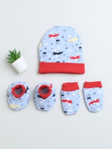 BUMZEE Blue & Red Boys Cotton Cap Mitten Bootie Set