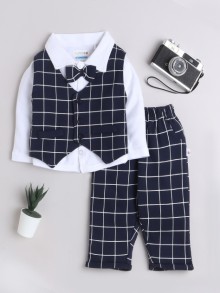 BUMZEE Navy & White Boys Full Sleeves Shirt Waistcoat & Pant Set With Applique Bow