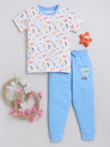 BUMZEE Cream & Blue Boys Half Sleeves T-Shirt & Pyjama Set