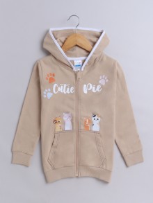 BUMZEE Beige Girls  Full Sleeves Cotton Hooded Zipper Sweatshirt