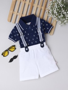 Bumzee Navy & White Boys Half Sleeves T-Shirt & Short Set With Suspender