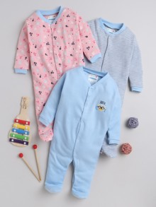 BUMZEE Pink & Blue Baby Girls Full Sleeves Sleepsuit Pack Of 3