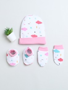 BUMZEE White & Pink Girls Cotton Cap Mitten Bootie Set