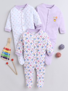 BUMZEE White & Lavender Baby Girls Full Sleeves Sleepsuit Pack Of 3