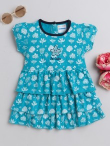 BUMZEE Rama Green Girls Cap Sleeves Cotton Frock