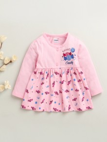 BUMZEE Pink Girls Full Sleeves Cotton Knee Length Frock