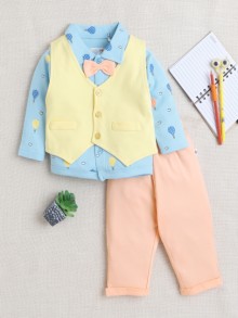 BUMZEE Peach & Blue Boys Full Sleeves Shirt Waistcoat & Pant Set With Applique Bow