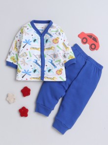 BUMZEE White & Blue Baby Boys Full Sleeves Jabla & Pyjama Set