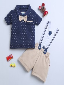 BUMZEE Beige & Navy Boys Half Sleeves T-shirt & Short Set With Bow Suspender