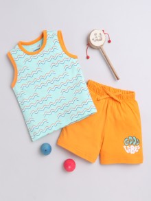 BUMZEE Mint Green & Orange Boys Sleeveless T-Shirt & Short Set