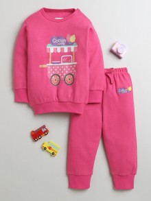 BUMZEE Pink Girls Full Sleeves Cotton Sweatshirt & Jogger Set