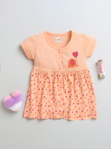 BUMZEE Peach Girls Half Sleeves Cotton Knee Length Casual Frock