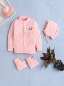 BUMZEE Peach Baby Girls Full Sleeves Acrylic Blend Sweater With Cap & Socks