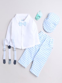 BUMZEE White & Sky Blue Boys Full Sleeves Shirt Pant Set With Suspender & Cap