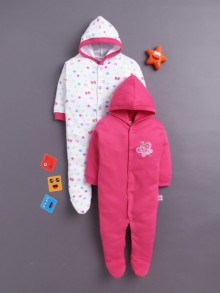 BUMZEE Pink & White Baby Girls Full Sleeves Hooded Sleepsuit Pack Of 2