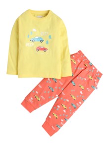 BUMZEE Yellow & Red Boys Full Sleeves T-Shirt & Pyjama Set