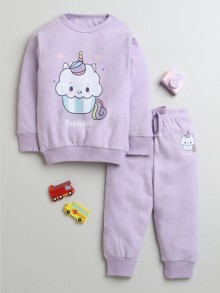 BUMZEE Lavender Girls Full Sleeves Cotton Sweatshirt & Jogger Set