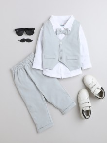 BUMZEE Grey & White Boys Full Sleeves Shirt Waistcoat & Pant Set With Applique Bow