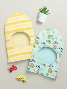 BUMZEE Sky Blue & Yellow Boys Cotton Pack Of 2 Monkey Cap