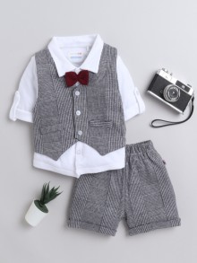 BUMZEE Grey & White Boys Full Sleeves Shirt Waistcoat & Short Set With Applique Bow