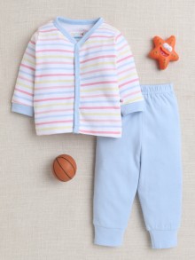 BUMZEE Sky Blue & White Baby Boys Full Sleeves Jabla & Pyjama Set