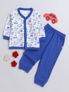 BUMZEE Blue & White Baby Boys Full Sleeves Jabla & Pyjama Set