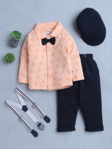 BUMZEE Navy & Peach Boys Full Sleeves Shirt Pant Set With Suspender & Cap