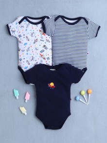 BUMZEE Navy & White Baby Boys Half Sleeves Cotton Bodysuit / Onesies Pack Of 3