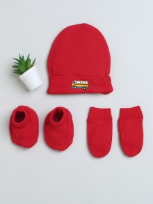 BUMZEE Red Girls Cotton Cap Mitten Bootie Set