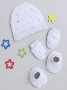 BUMZEE White & Grey Boys Cotton Cap Mitten Bootie Set