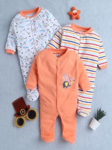 BUMZEE Orange & Multi Baby Boys Full Sleeves Sleepsuit Pack Of 3