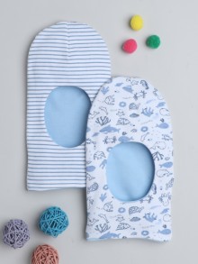 BUMZEE Blue Boys Cotton Reversible Monkey Cap Pack Of 2