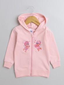 BUMZEE Pink Girls  Full Sleeves Cotton Hooded Zipper Sweatshirt