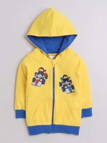 BUMZEE Yellow & Royal Blue Boys Full Sleeves Cotton Hooded Sweatshirt