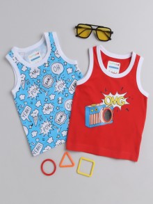 BUMZEE Blue & Red Boys Sleeveless T-Shirts Pack Of 2